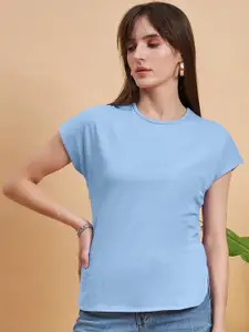 MINT STREET Women Blue Drop-Shoulder Sleeves Cut Outs T-shirt