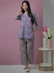 FEATHERS CLOSET Floral Printed Pure Cotton Top with Trousers