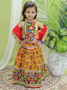 BownBee Girls Embroidered Thread Work Cotton Ready to Wear Lehenga & Blouse With Dupatta