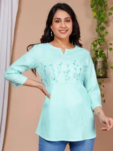 misbis Floral Embroidered Notched Neck Pure Cotton Top
