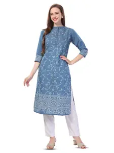 keshubaba Floral Printed Mandarin Collar Denim Weave Straight Kurta