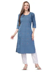 keshubaba Floral Embroidered Denim Weave Straight Kurta