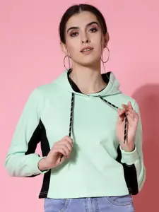 DressBerry Colourblocked Hooded Cotton Crop Pullover Sweatshirt