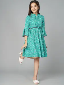BAESD Girls Floral Printed Tie-Up Neck Bell Sleeve Ruffles A-Line Dress