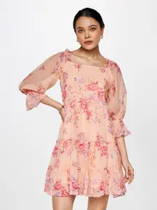 AND Floral Printed Square Neck Puff Sleeves Gathered Detailed A-Line Above Knee Dress