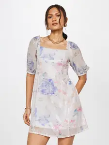 AND Floral Printed Square Neck Puff Sleeves Smocked Detailed A-Line Mini Dress