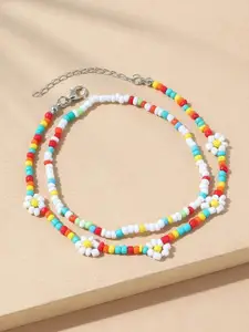 Young & Forever Silver-Plated Flower Seedbeads Beaded Anklets