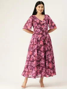 VAABA Floral Print Georgette A-Line Midi Dress