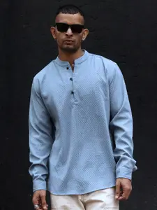 Powerlook Blue India Slim Oversized Self Design Mandarin Collar Casual Shirt