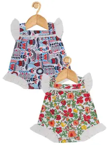Creative Kids Infant Girls Pack Of 2 Floral Printed Square Neck Cotton Bodysuit Dress
