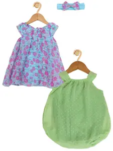 Creative Kids Infant Girls Pack Of 2 Floral Printed A-Line Dress With Attached Bodysuit
