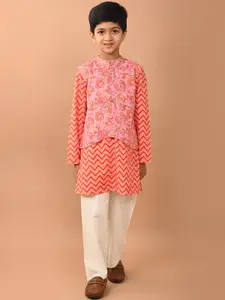 LilPicks Boys Geometric Print Band Collar Straight Kurta & Trousers With Nehru jacket
