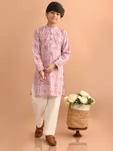 LilPicks Boys Floral Printed Band Collar Pure Cotton Straight Kurta with Trousers