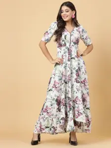 RAASSIO Floral Printed Puff Sleeves Maxi Dress