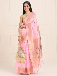 Sangria Pink Ethnic Motifs Printed Zari Banarasi Saree