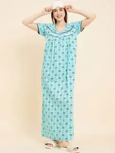 Sweet Dreams Turquoise Blue Printed Cotton Maxi Nightdress