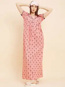 Sweet Dreams Peach Coloured Floral Printed Pure Cotton Maxi Nightdress