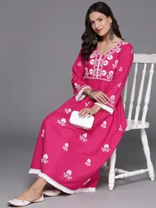Indo Era Floral Embroidered Bell Sleeve A-Line Midi Dress
