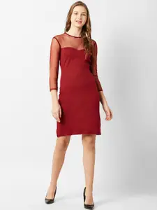 Miss Chase Women Maroon Solid Knee Length Sheath Dress