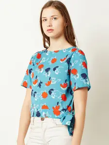 Miss Chase Women Turquoise Blue Floral Print Tie-Up Hem Top