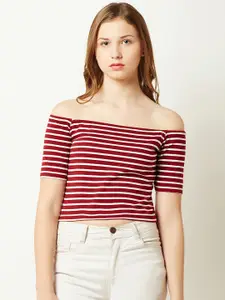 Miss Chase Women Maroon Striped Bardot Pure Cotton Top