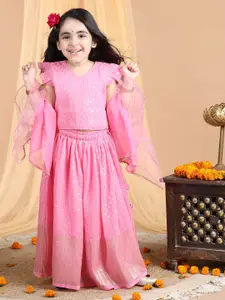 Here&Now X Kinder Kids Girls Embroidered Ready to Wear Lehenga & Blouse With Dupatta