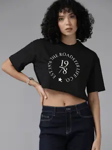 Roadster Typography Printed Drop-Shoulder Sleeves Pure Cotton Crop Boxy T-shirt