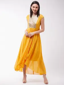 DressBerry Mustard Embellished Halter Neck Cap Sleeves High-Low Georgette Maxi Dress