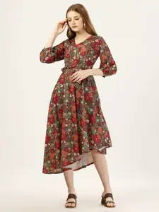 OCTICS Floral Printed V-Neck Puff Sleeves Smocked Fit & Flare Midi Dress