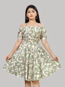 R K MANIYAR Floral Printed Shoulder Straps Cold-Shoulder Sleeves Fit & Flare Dress