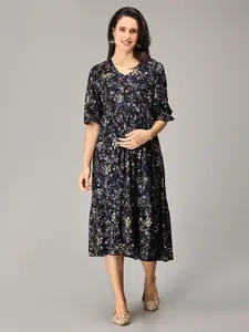 The Mom Store Floral Print Puff Sleeve Cotton Maternity A-Line Midi Dress