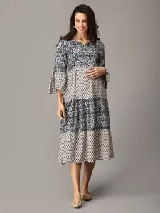 The Mom Store Ethnic Motifs Printed Bell Sleeve Maternity Cotton A-Line Midi Dress