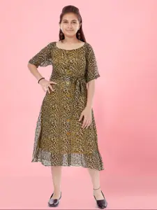 Aarika Animal Printed Puff Sleeves Tie-Ups Georgette Shirt Midi Dress