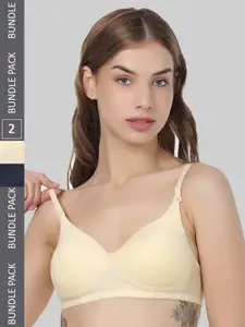 FUNAHME Pack Of 2 All Day Comfort Non-Wired Lightly Padded Seamless Cotton T-Shirt Bra