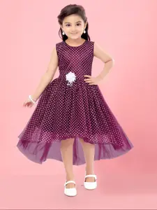 Aarika Girls Polka Dot Printed Gathered Detailed High-Low Net Fit & Flare Midi Dress