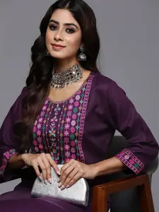 Indo Era Women Purple Ethnic Motifs Yoke Design Kurta