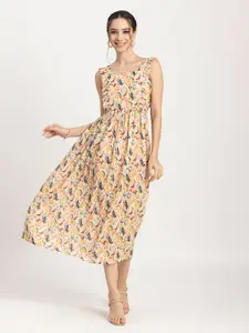 Moomaya Floral Printed Shoulder Straps Ruffled Gathered & Smocked Fit & Flare Dress