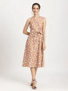 Moomaya Floral Printed V-Neck Tie-Up Detail A-Line Midi Dress