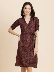 Moomaya Abstract Printed V-Neck Ruched Sleeve Tie-Up Satin Wrap Dress