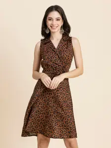 Moomaya Animal Printed Shirt Collar Sleeveless Tie-Up A-Line Dress
