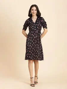 Moomaya Floral Printed V-Neck Ruched Sleeve Tie-Up Satin Wrap Dress
