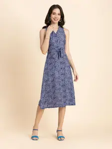 Moomaya Floral Printed V-Neck Tie-Up Detail A-Line Midi Dress