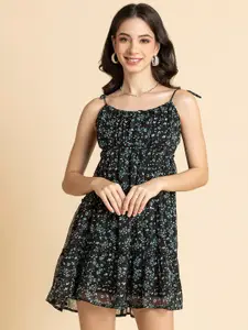 Moomaya Floral Printed Shoulder Straps Smocked Tiered Chiffon Empire Dress