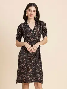 Moomaya Abstract Printed V-Neck Short Ruched Sleeves Tie-Up Wrap Dress
