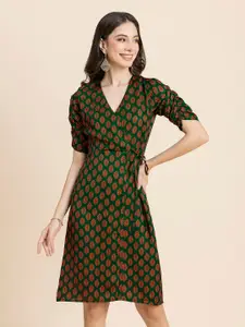Moomaya Ethnic Motifs Printed Ruched Sleeves Satin A-Line Dress