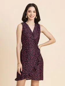 Moomaya Floral Printed V-Neck Sleeveless Wrap Dress