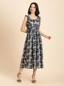 Moomaya Floral Printed Shoulder Straps Ruffled & Smocked Monochrome Fit & Flare Dress