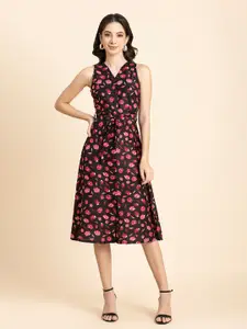 Moomaya Floral Printed V-Neck Sleeveless Tie-Up Detail A-Line Midi Dress