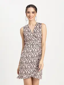 Moomaya Abstract Printed V-Neck Sleeveless Wrap Dress