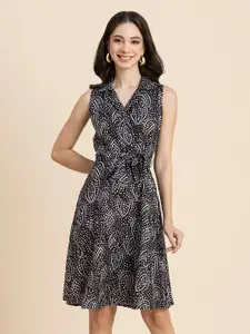 Moomaya Geometric Printed Shirt Collar Sleeveless Tie Up Detail Wrap Dress